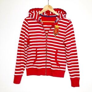 Lauren, jeans, company, red and white striped hoodie
